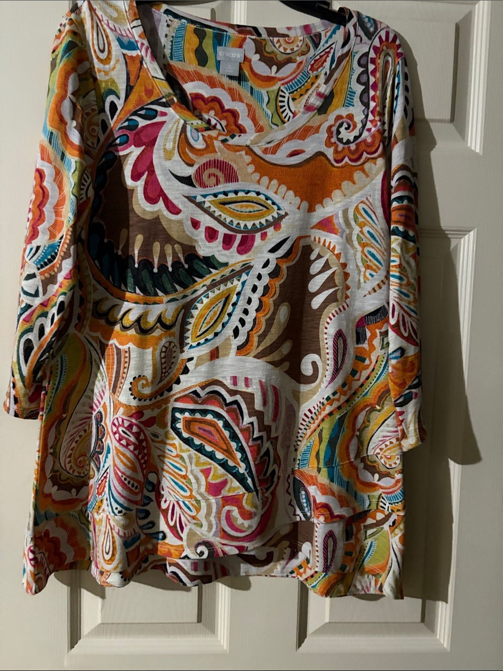 Chico's Multicolor Paisley V-Neck Tunic — Orange, Brown, Teal, Pink, Cream